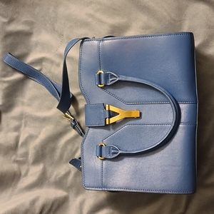 Yves Saint Laurent Navy Blue Leather Tote with Gold Y Closure